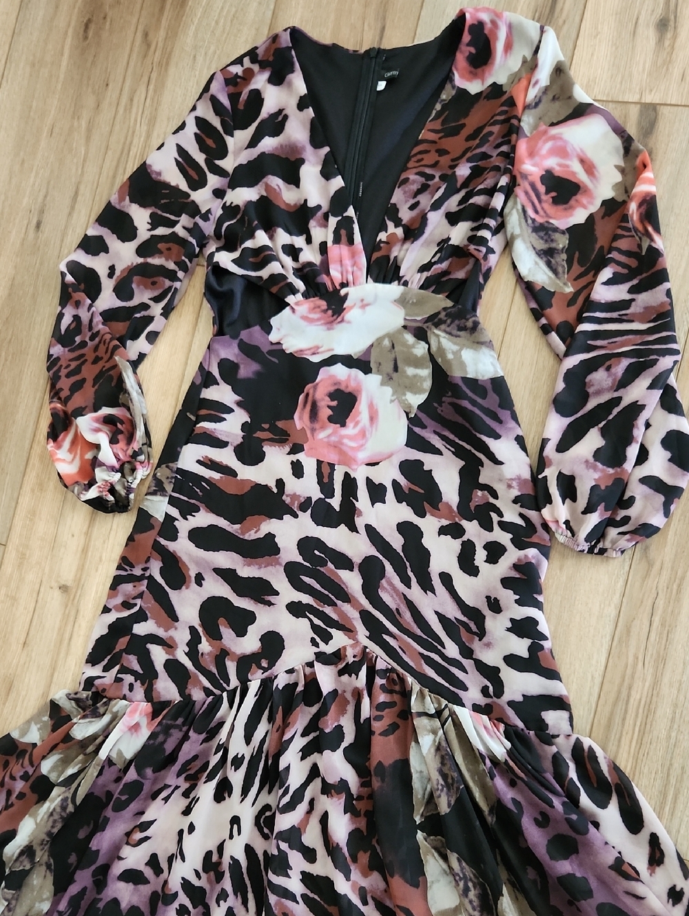 Giffniseti Floral & Animal Print LS V-Neck Maxi Dress Black & Pink Women Size S